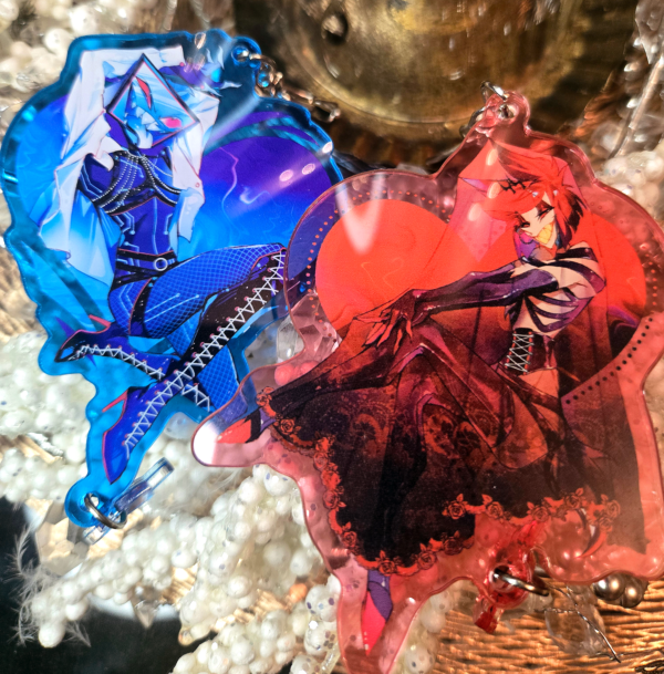 [IN-HAND] Hazbin Hotel Pin-Up Alastor + Vox Acrylic Keychains